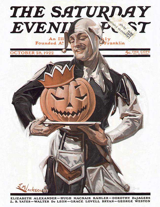 Image of the Saturday evening post cover, Jester holding Jack o lantern on Halloween