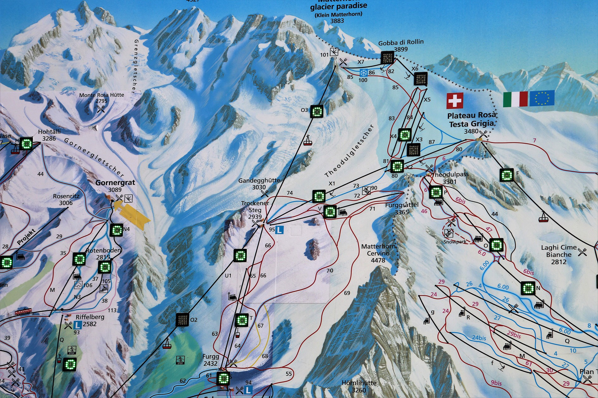 Trail Map for Skiers and Snowboarders Showing Mountains and Paths